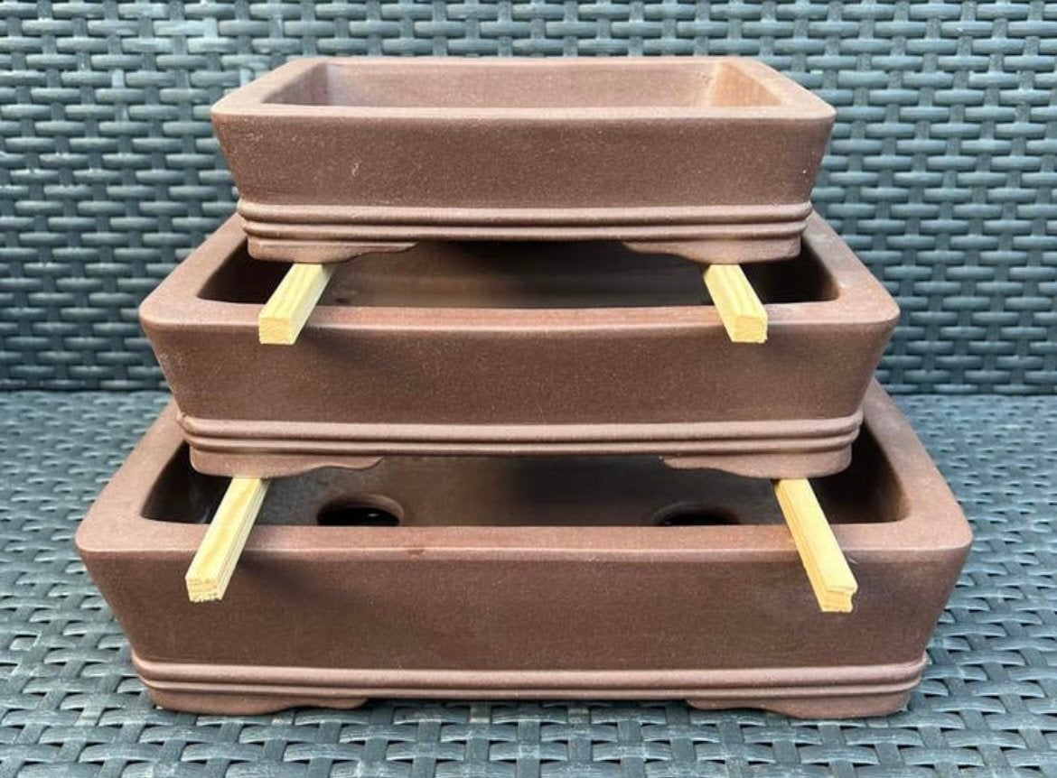 Bonsai schalen set van drie handgemaakt bruin ongeglazuurd., Nieuw, Ophalen of Verzenden, Aardewerk, Rechthoekig