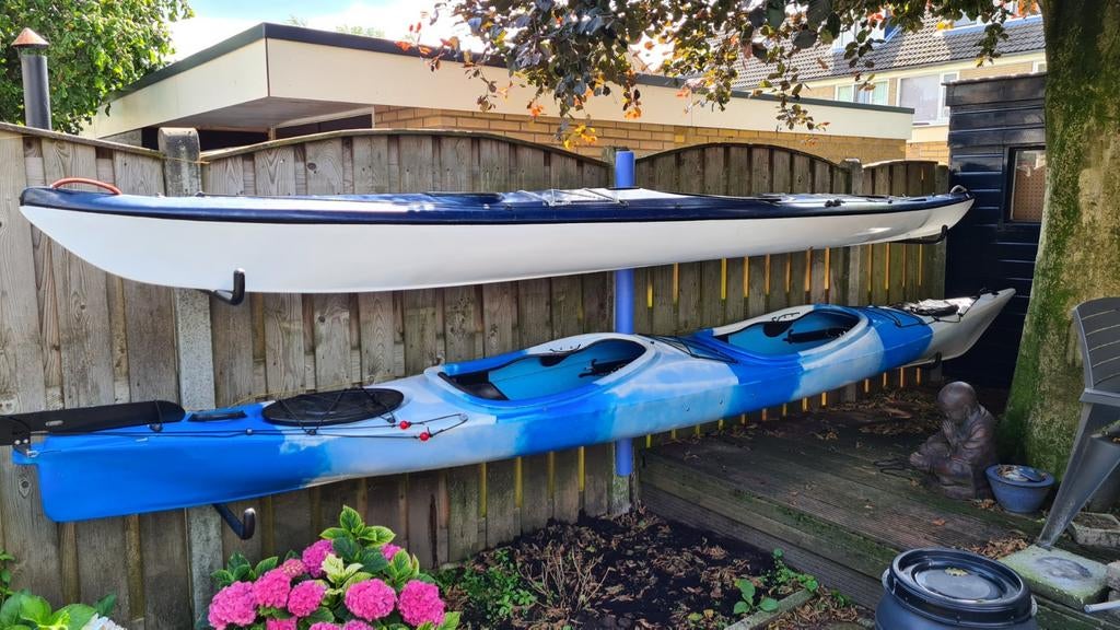 Twee kajaks 1- en 2-persoons (met roer) en alle accessoires, Watersport en Boten, Ophalen, Gebruikt