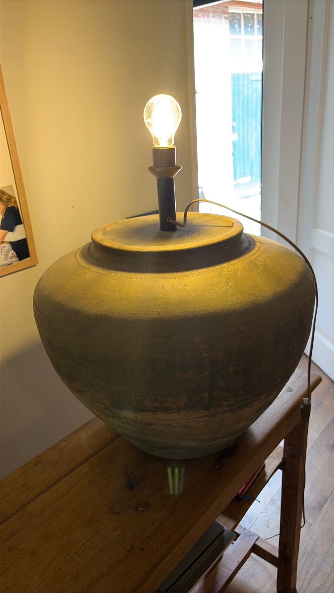 Grote aardewerken kruiklamp / tafellamp, Ophalen, Met schakelaar, Industrieel