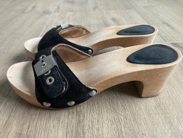Halfhoge zwarte suède lederen kleppers Scholl mt 37, Scholl, Zwart, Gedragen, Sandalen of Muiltjes