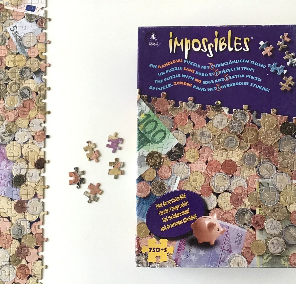 Impossibles puzzel Geld - Bepuzzled 750 stukjes, Hobby en Vrije tijd, Ophalen of Verzenden, 500 t/m 1500 stukjes, Zo goed als nieuw