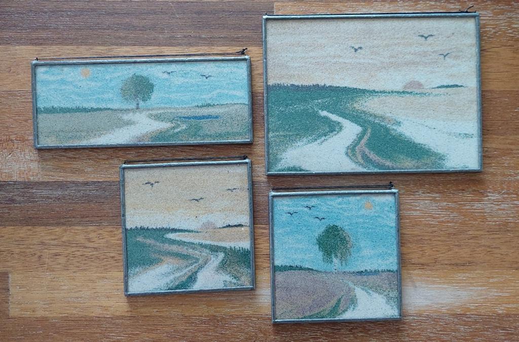 4 unieke 'zandschilderijtjes', 2-zijdig, Drents landschap, Antiek en Kunst, Ophalen of Verzenden