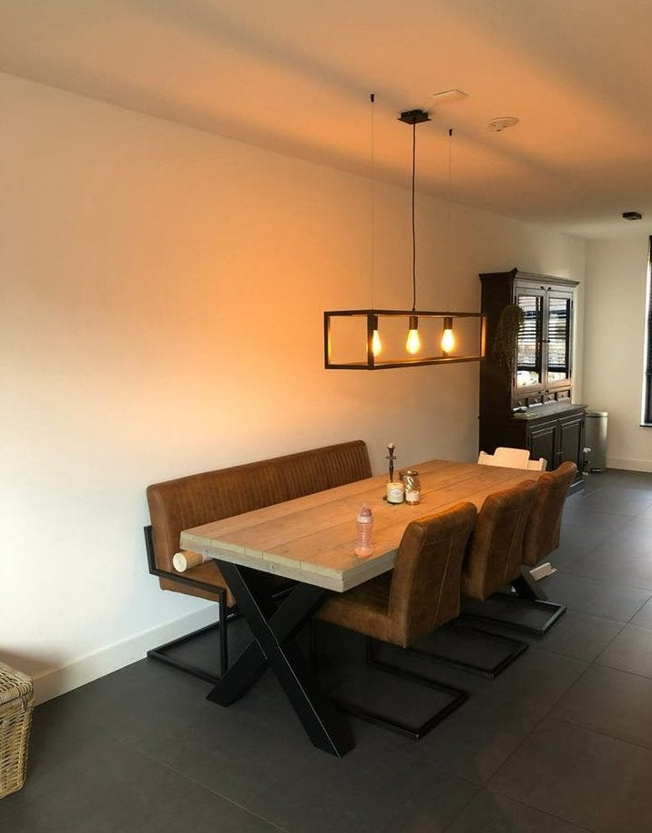 Stijgerhouten eettafel en stoelen met een eetbank, Huis en Inrichting, Ophalen, Gebruikt, 200 cm of meer, 50 tot 100 cm