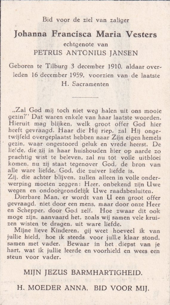 Vesters Johanna 1910 Tilburg 1959, Ophalen of Verzenden, Bidprentje