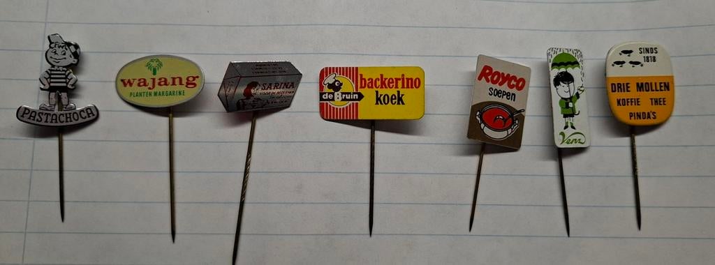 7 spelden van kruidenierswaren., Verzamelen, Speldjes, Pins en Buttons, Ophalen of Verzenden, Gebruikt, Overige onderwerpen