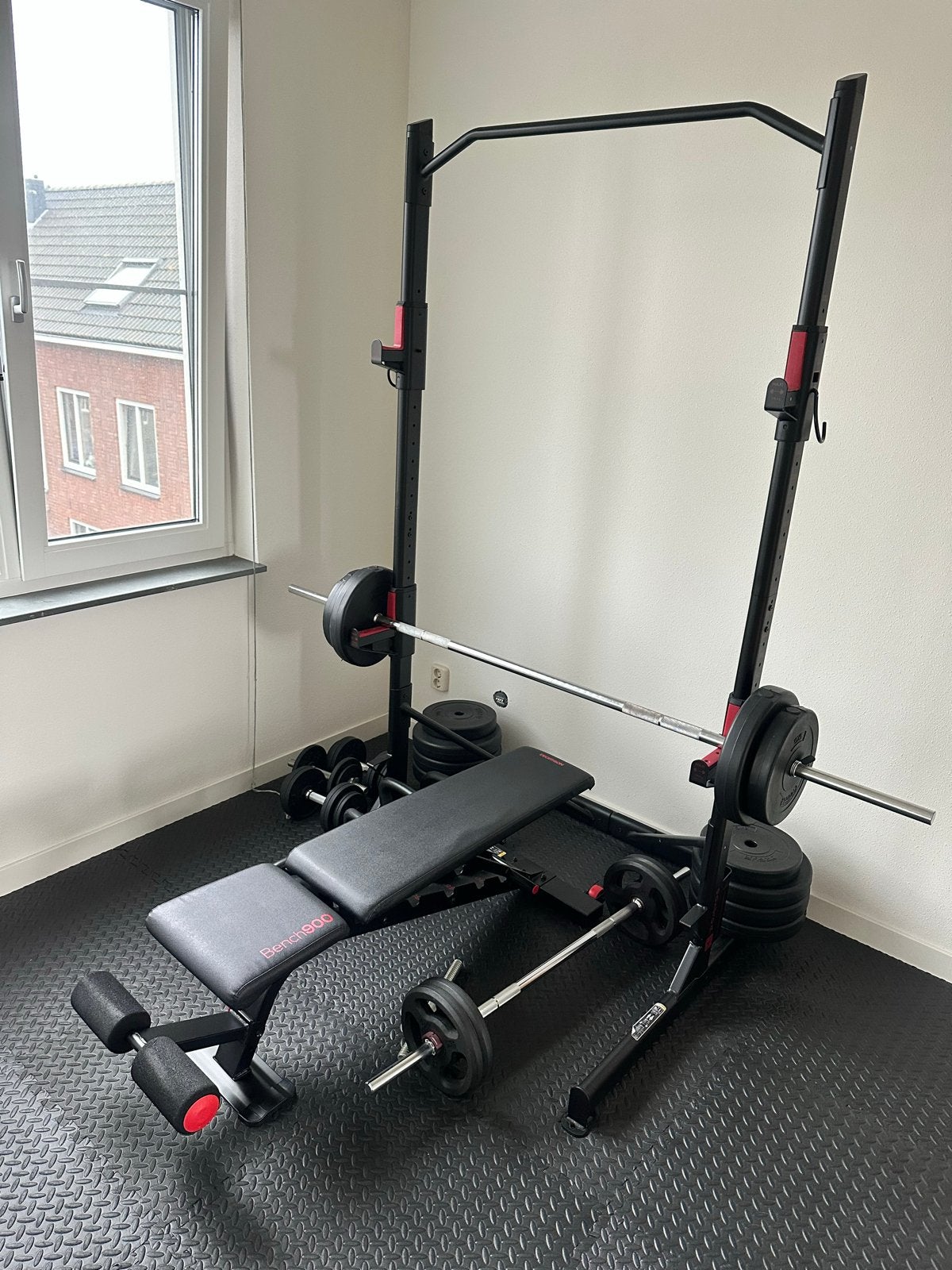 Complete Gewichten Set: 120+ kg, Stangen, Halters & Bench, Ophalen, Benen, Krachtstation, Zo goed als nieuw