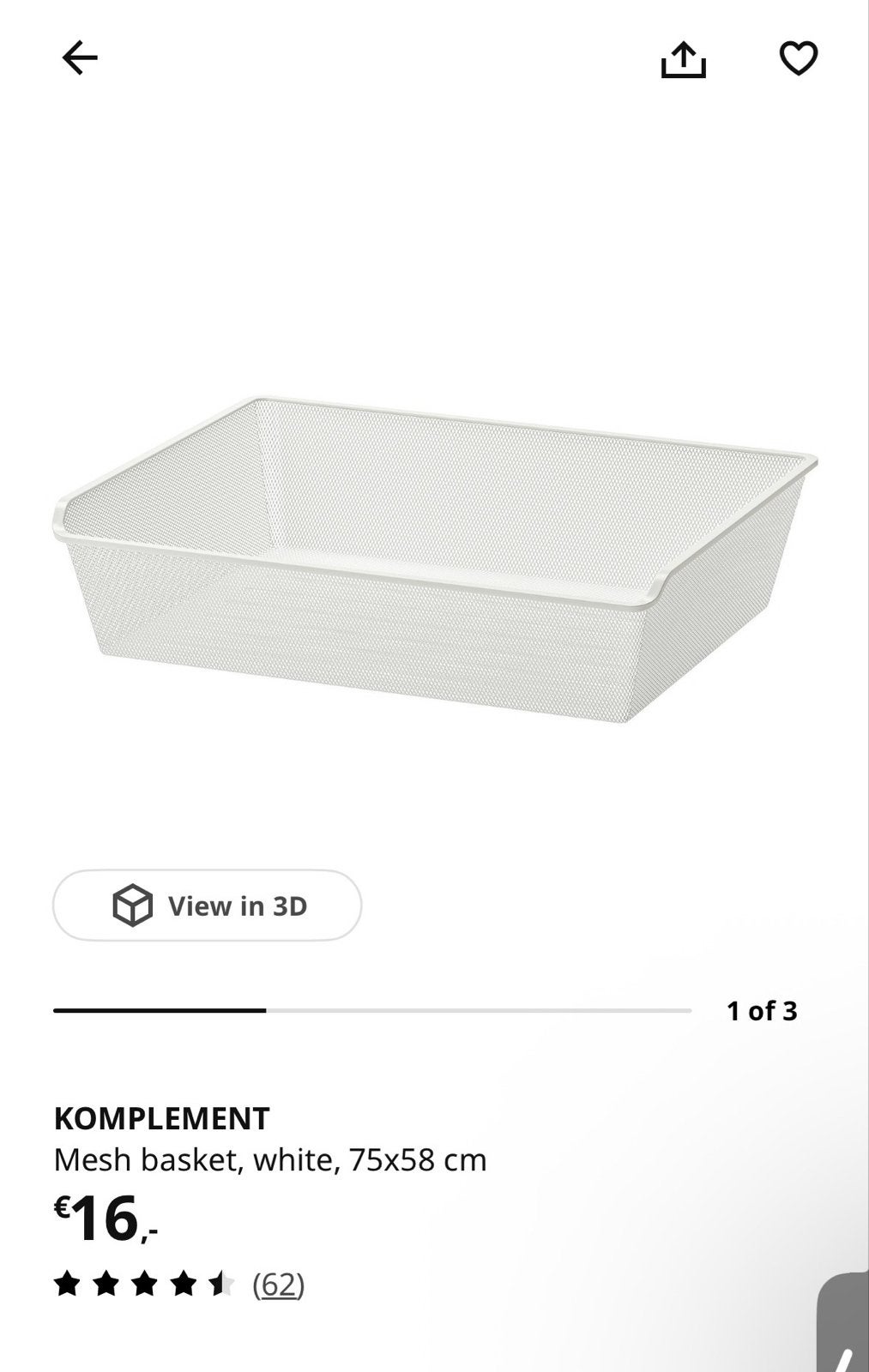 IKEA KOMPLEMENT Gaasmand wit 75x58 cm, Ophalen, Mand, Nieuw, Metaal