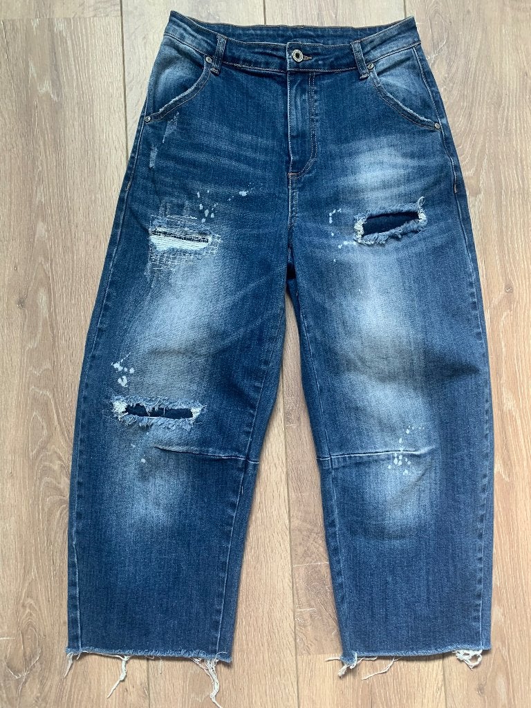 Susy mix oversized spijkerbroek jeans 3/4 lengte blauw S/36, Kleding | Dames, Susy mix, W28 - W29 (confectie 36), Gedragen, Verzenden