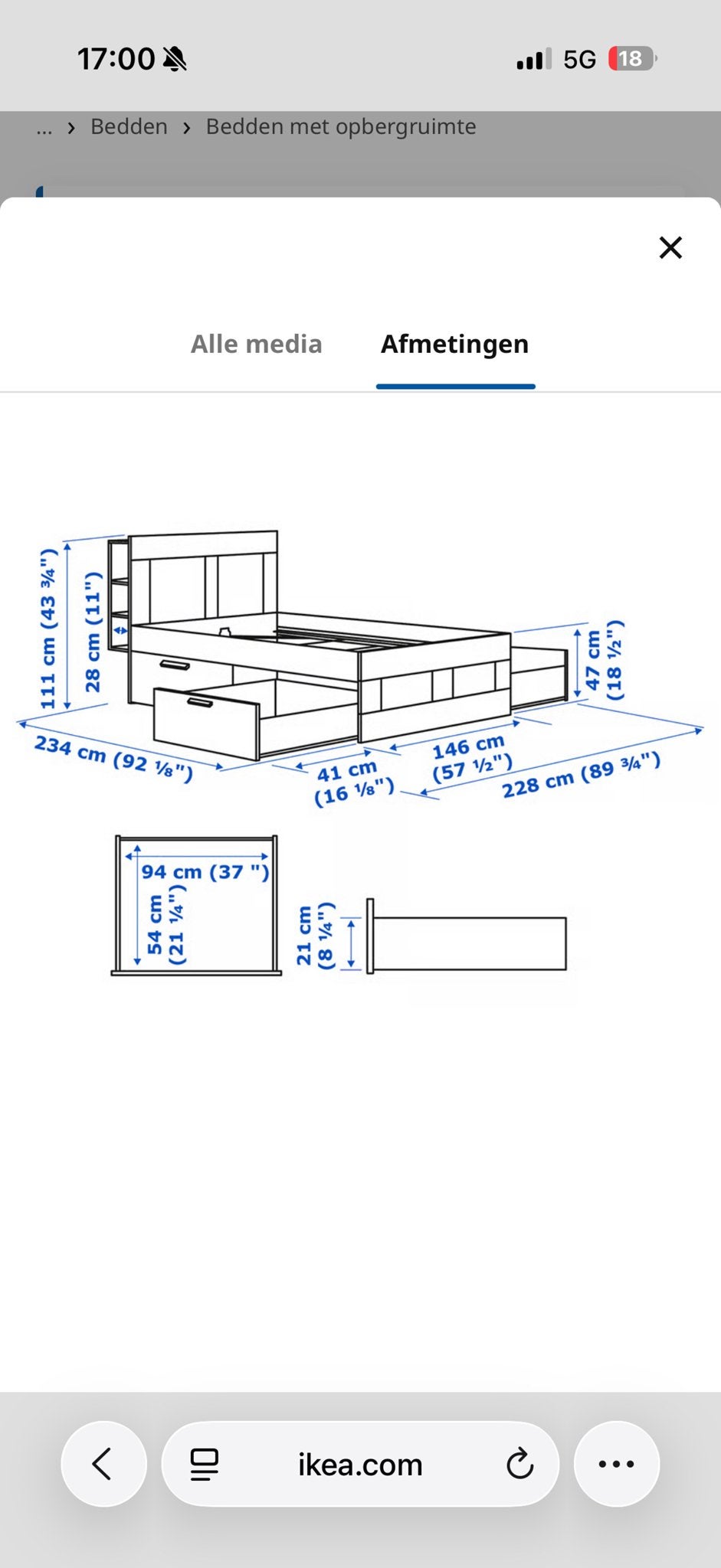 IKEA BRIMNES Bedframe 140x200 met opbergruimte, Ophalen, Gebruikt, Wit, Tweepersoons