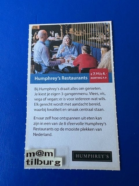 Humphrey's Restaurants €7,50/€4,- korting p.p.tot 1-7-2027, Drie personen of meer, Kortingsbon, Overige typen