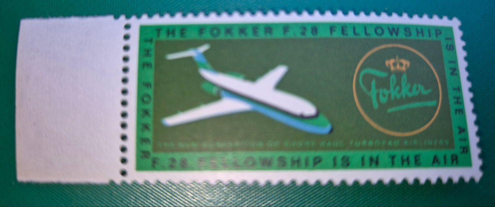 FOKKER F 28 FELLOWSHIP SLUITZEGEL RECLAMEZEGEL, Ophalen of Verzenden, Overige thema's