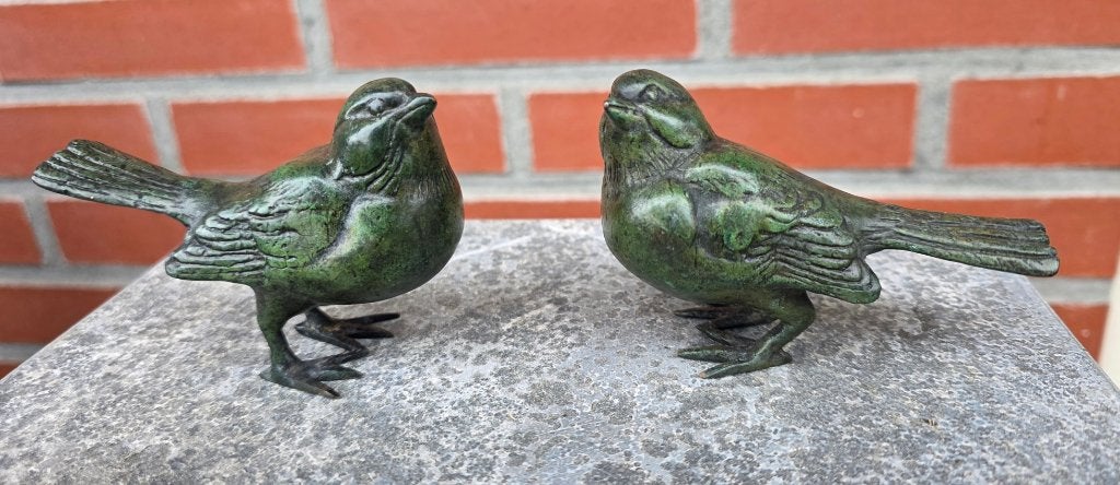 VOGELS / set / brons / MUSSEN / tuinbeeld / groen, Dierenbeeld, Nieuw, Info@huisentuindecoratiemarie.nl, Huis en tuin decoratie marie