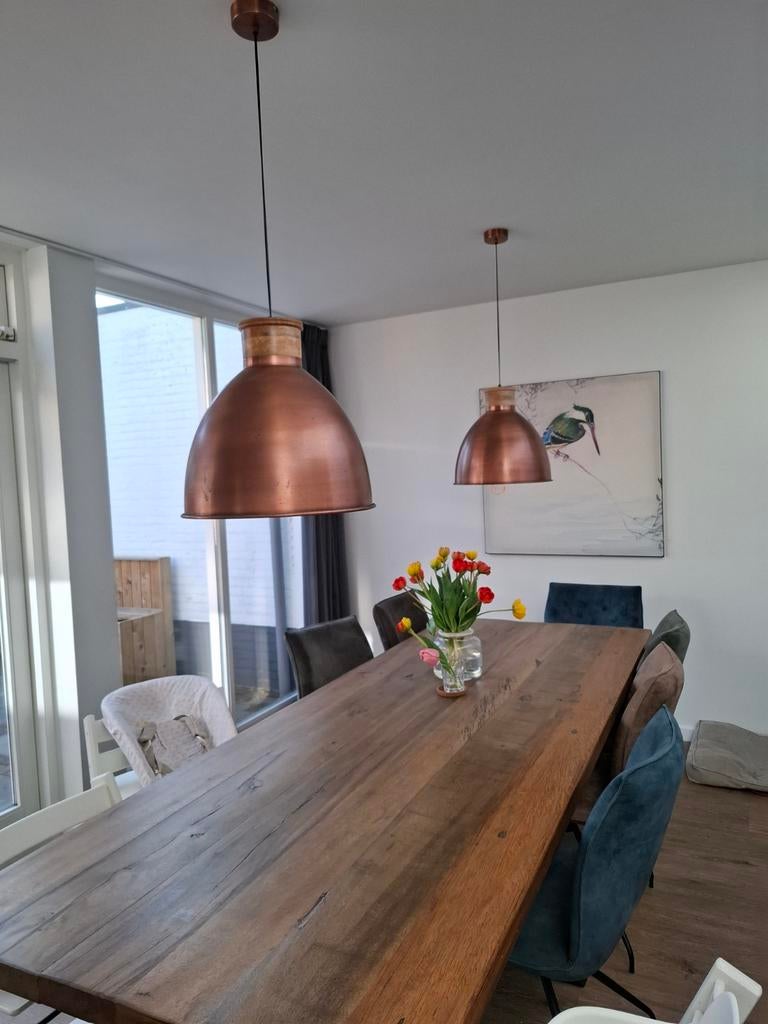 Koperen look hanglampen set - industrieel design, Huis en Inrichting, Lampen | Hanglampen, Ophalen, Gebruikt, Minder dan 50 cm