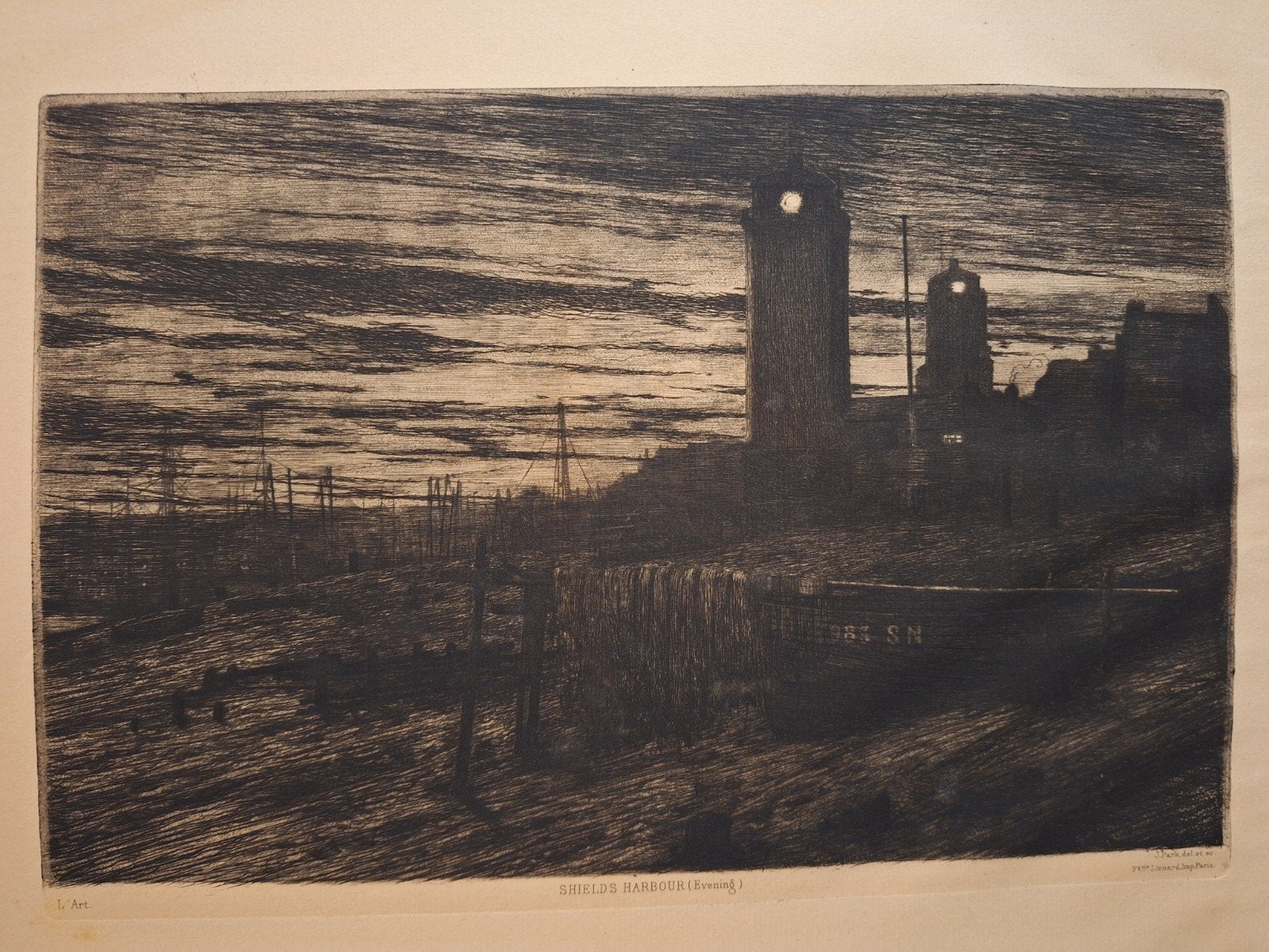 Ets Engels kustgezicht van J. Park - Shields Harbour, Ets, Ophalen of Verzenden, Gesigneerd, Landschap
