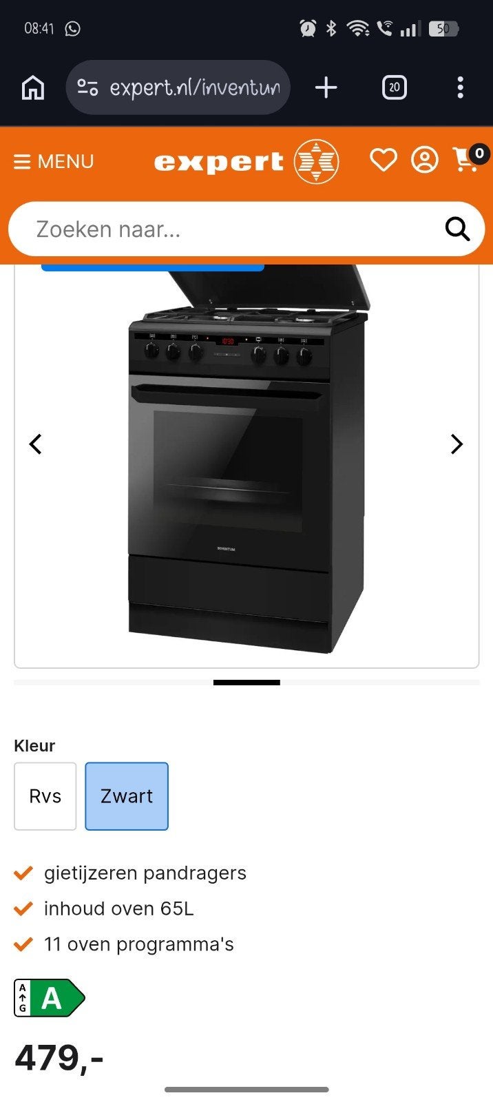 Inventum Vrijstaand Gasfornuis met Oven - Zwart, Witgoed en Apparatuur, Ophalen, 60 cm of meer, 4 kookzones, Zo goed als nieuw