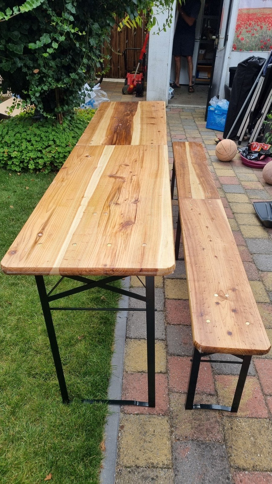 Houten biertafel en banken set - Als nieuw, Ophalen of Verzenden, Gebruikt, Rechthoekig, Hout