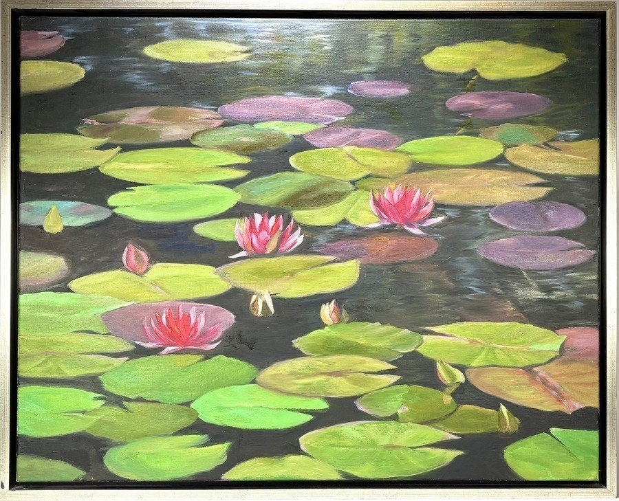 350. Olieverfschilderij – waterlelies, eind 20e eeuw, Ophalen, Ingelijst, Olieverf, Bloemen