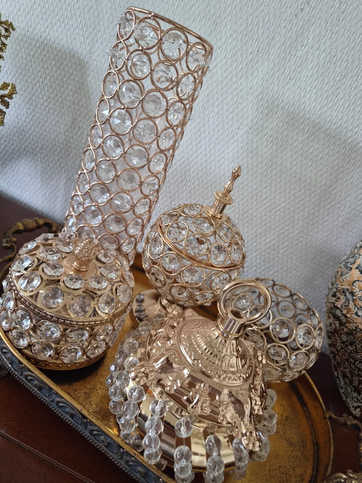 Set van 5 kristallen vazen met deksel - Luxe decoratie, Antiek en Kunst, Antiek | Glas en Kristal, Ophalen of Verzenden