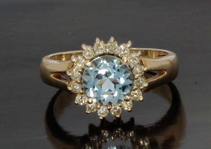 Blauwe topaas 16 diamanten luxe 14k gouden rozet ring dames, Voordeelsieraden, Verzenden, Zo goed als nieuw, 17 tot 18
