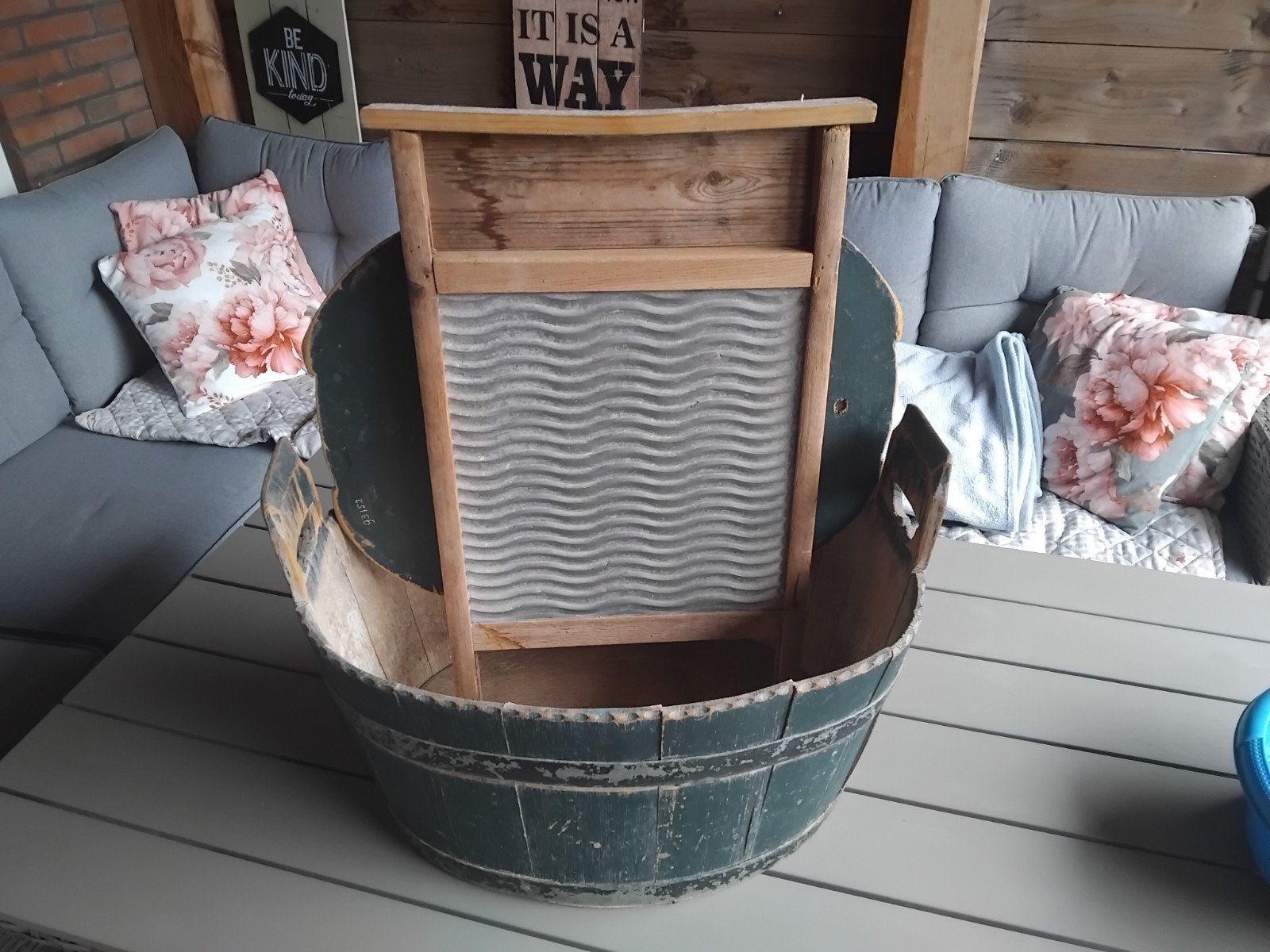 Antieke houten wastobbe met wasbord, Ophalen of Verzenden