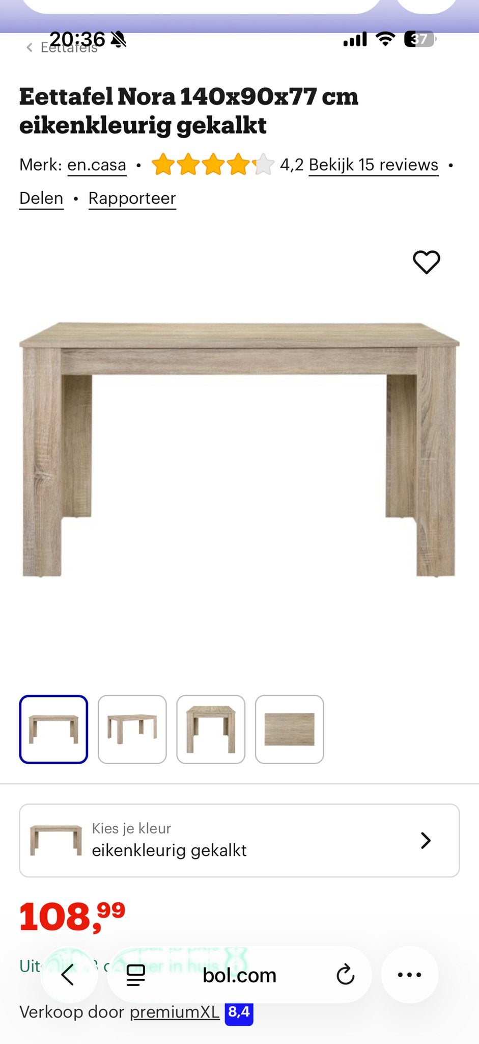 Eettafel Nora 160 cm eikenkleurig gekalkt, Huis en Inrichting, Ophalen, 50 tot 100 cm, Zo goed als nieuw, 150 tot 200 cm