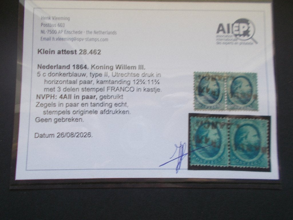 Ned 4A11 in paar gest met attest, Postzegels en Munten, Ophalen of Verzenden, T/m 1940, Gestempeld