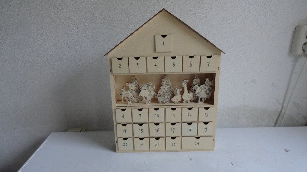 Adventkalender, hout 24 lades met een dieren scene, Diversen, Kerst, Ophalen of Verzenden