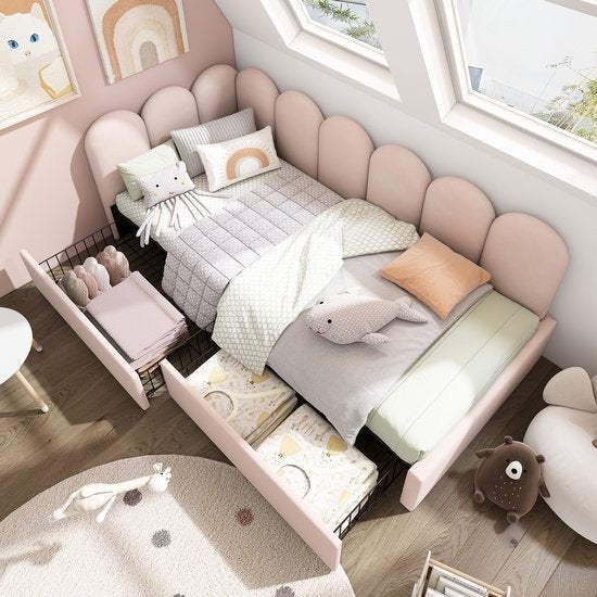 Sweiko Gestoffeerd Eenpersoonsbed met Lades - Roze Fluweel, Huis en Inrichting, Slaapkamer | Bedden, 90 cm, Nieuw, Modern, Speels, Functioneel