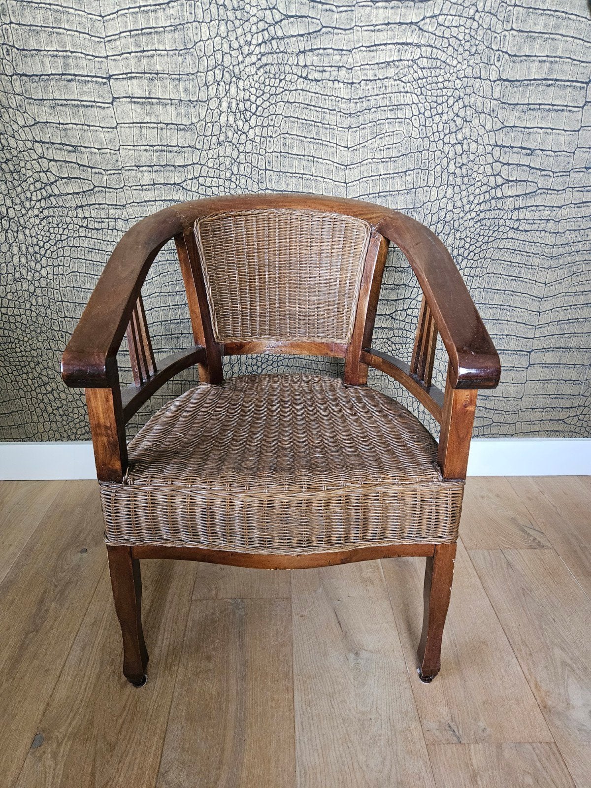 Vintage rotan fauteuil met houten frame, Ophalen of Verzenden