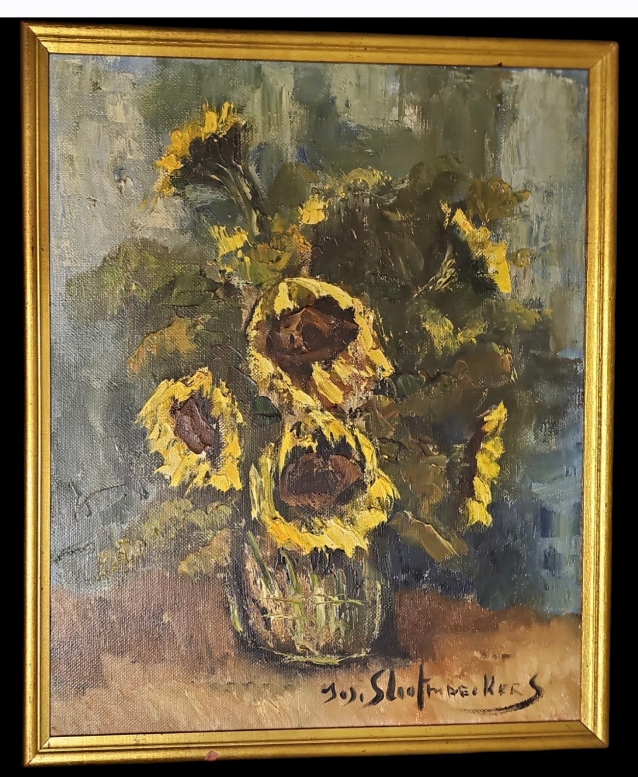 Olieverf Zonnebloemen. Gesigneerd, Antiek en Kunst, Kunst | Schilderijen | Klassiek, Bloemen, Doek, Realistisch, Ophalen of Verzenden