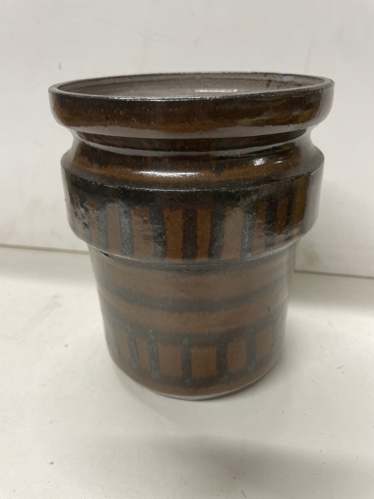 Vintage Aardewerk Pot - Bruin met Streepmotief, Antiek en Kunst, Ophalen of Verzenden