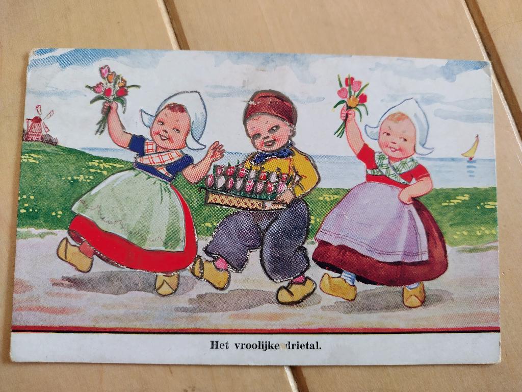 vintage ansicht: het vroolijke drietal, Verzamelen, Ansichtkaarten | Themakaarten, Ophalen of Verzenden, 1940 tot 1960, Gelopen