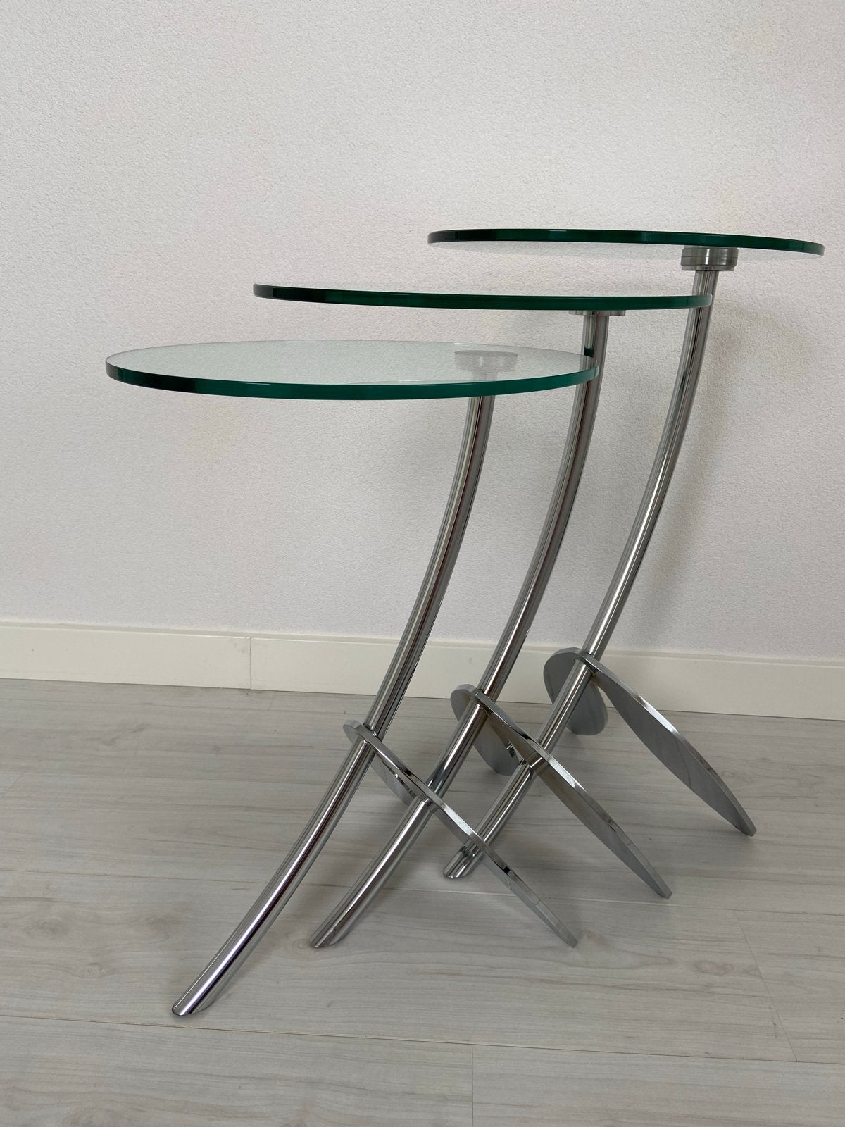 Set van 3 glazen Metaform Papillon bijzettafels chroom/glas, Ophalen, 75 cm of meer, Glas, Zo goed als nieuw