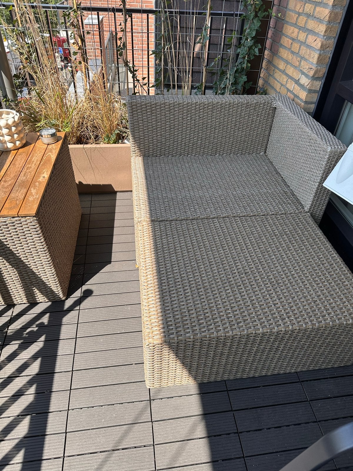 Modulaire Wicker Loungeset met Kussens en Bijzettafel, Ophalen, Gebruikt, 3 zitplaatsen, Loungeset