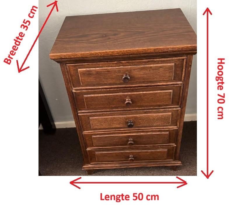 Eiken houten ladekastje met 5 lades L50 x B35 x H70, Huis en Inrichting, Kasten | Ladekasten, Ophalen, Gebruikt, 5 laden of meer