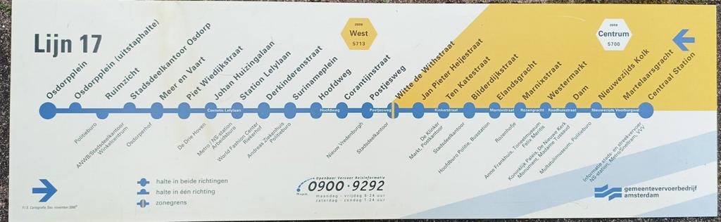 Haltebord NS-station informatiebord Amsterdam Lijn 5 en 17, Verzamelen, Spoorwegen en Tramwegen, Ophalen of Verzenden