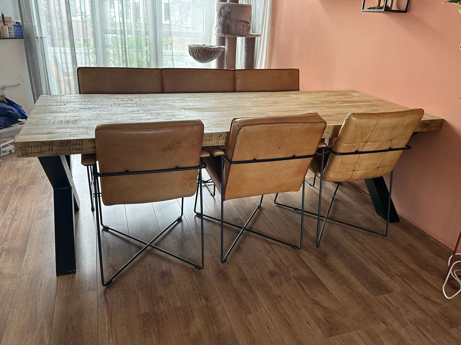Eettafel met bankje en stoelen (240x100 cm), Ophalen, Gebruikt, 200 cm of meer, 50 tot 100 cm