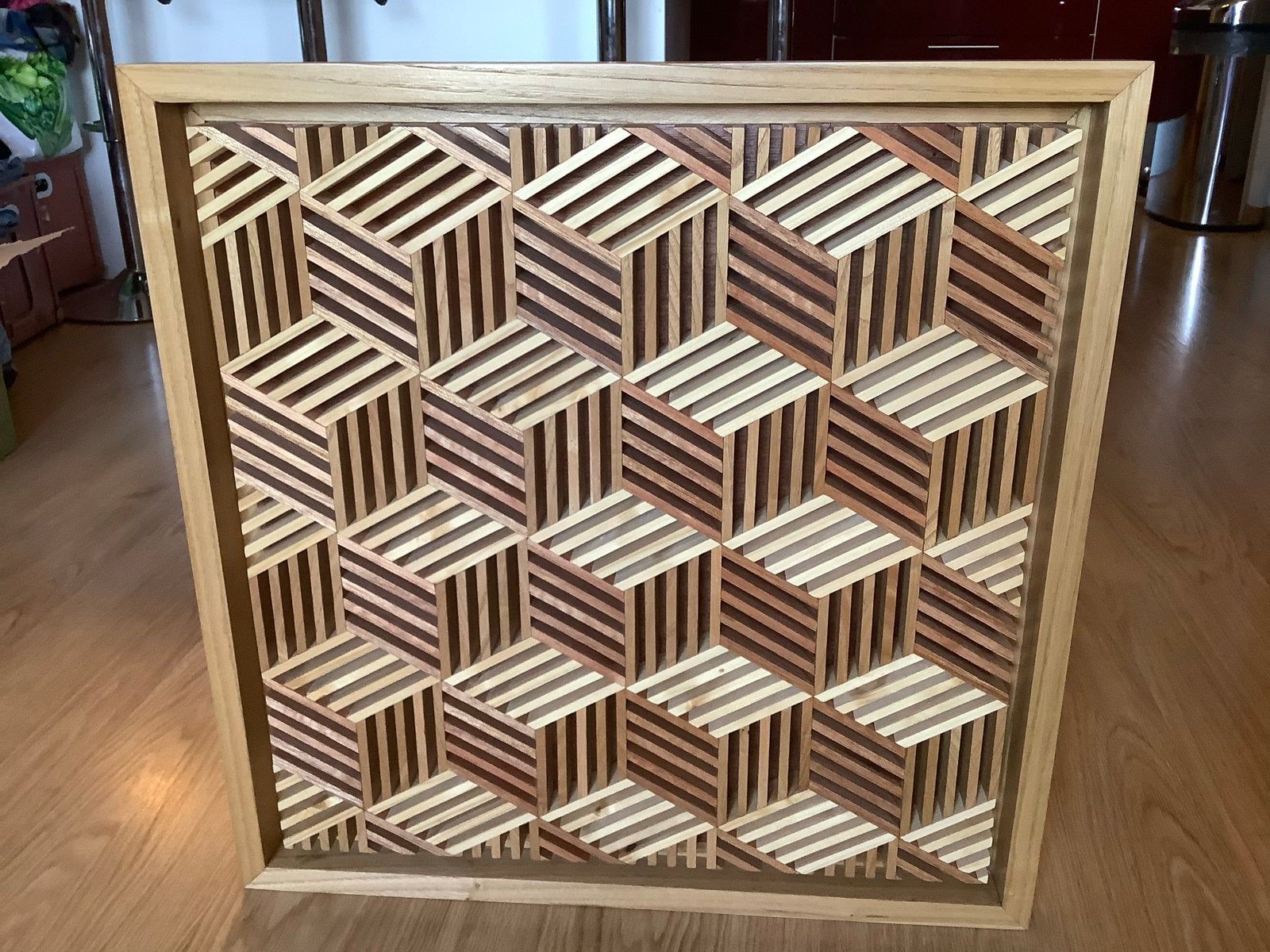 Uniek 3D Houten Kunstwerk - Optische Illusie, Abstract, Ophalen of Verzenden, Overige onderwerpen, Ingelijst