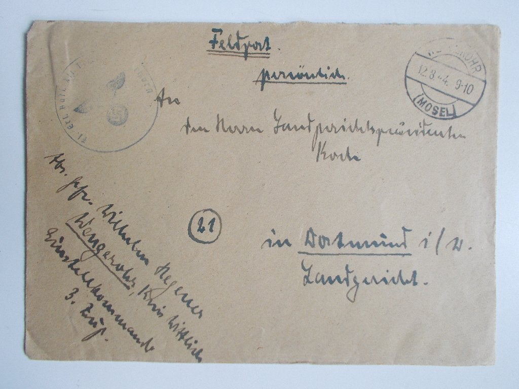 Duitse Rijk, Veldpostenvelop Einstellkommando Aan Rechtbank., Ophalen, Envelop