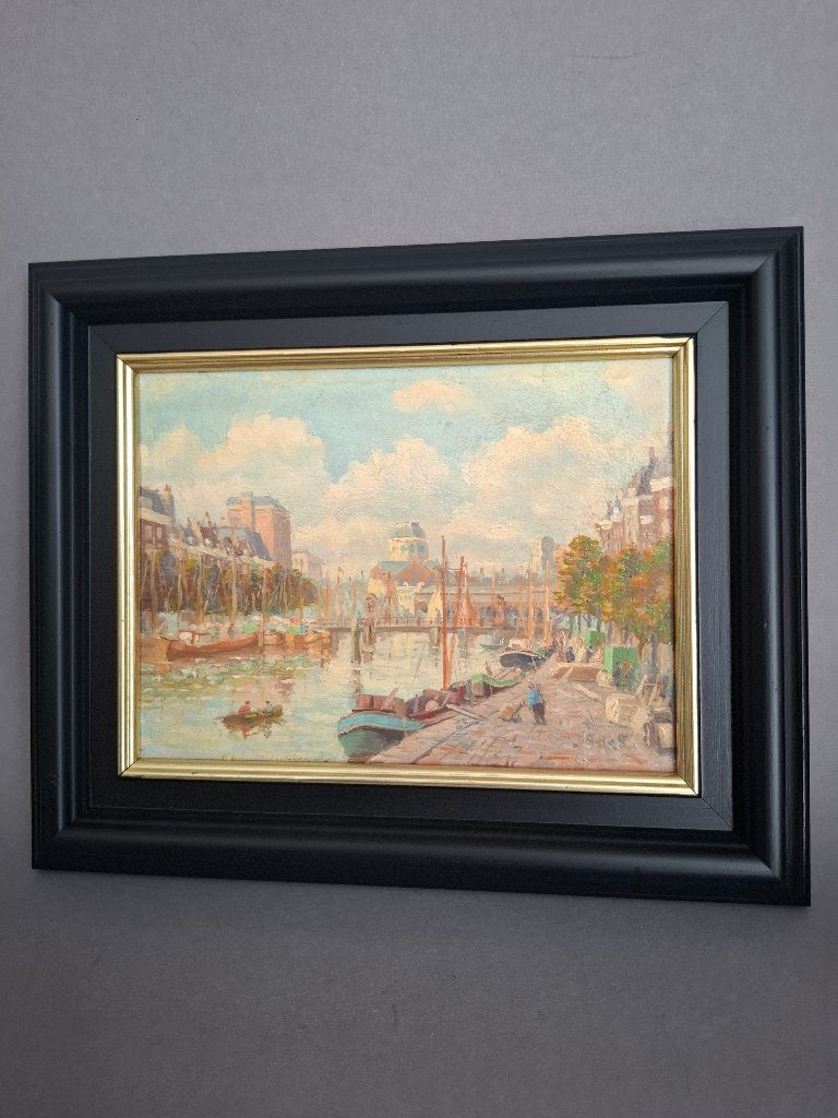 Oud schilderij Grachten Amsterdam., Antiek en Kunst, Ophalen of Verzenden