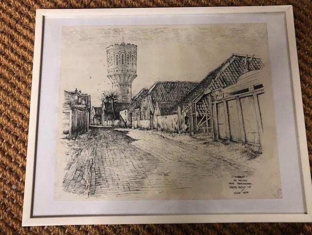 Utrecht de Helling tekening van Chris Schut . achter glas in, Ophalen of Verzenden, Zo goed als nieuw, Minder dan 50 cm, Foto of Poster