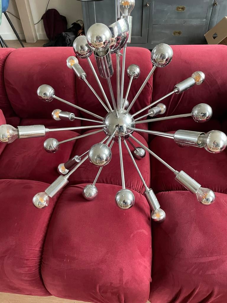 Vintage Sputnik Kroonluchter - Chroom Design Lamp, Ophalen of Verzenden, Gebruikt, Metaal, 50 tot 75 cm
