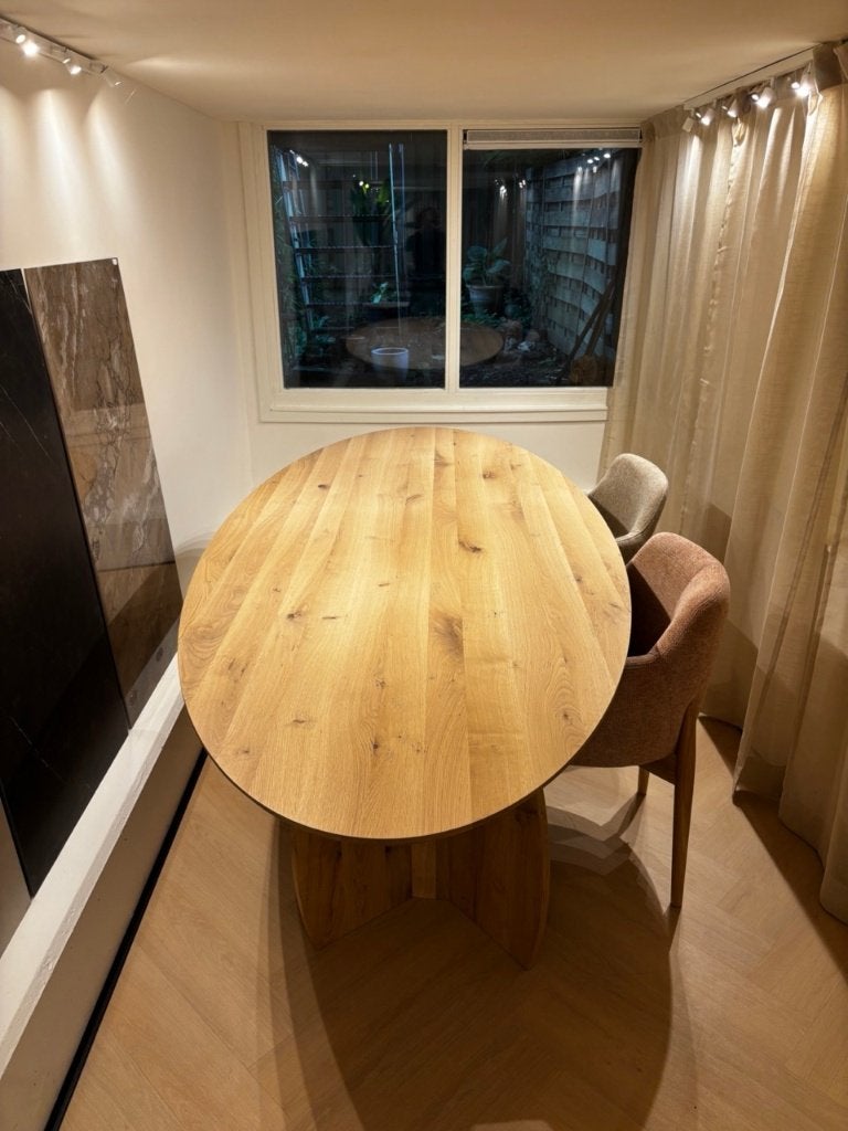Slanke eiken massief eettafel 260x110cm, Maanpoot | Kas20, Ophalen, 100 tot 150 cm, Eikenhout, 200 cm of meer