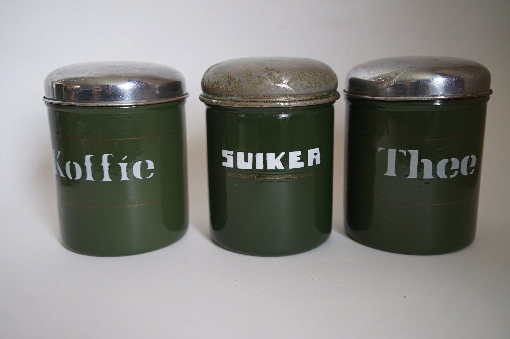 antiek koffie thee zwaar 3x emaille bus donkergroen goud set, Ophalen of Verzenden