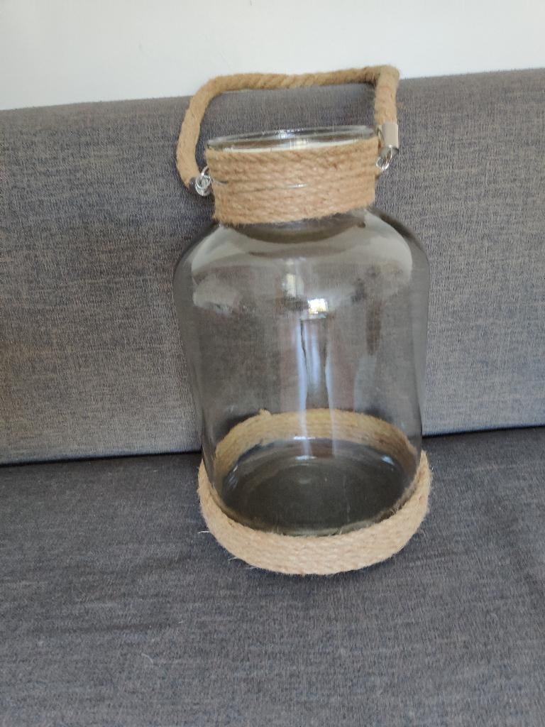Grote glazen vaas met touw / hoogte 38 cm., Huis en Inrichting, Woonaccessoires | Vazen, Ophalen, Gebruikt, Overige kleuren, Glas