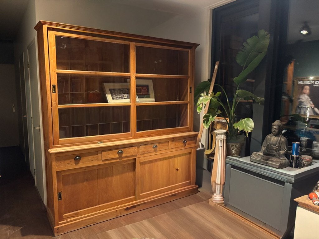 Prachtige teak antieke servieskast | Vitrine "jaren 20/30", Ophalen, Met plank(en), 200 cm of meer, Glas