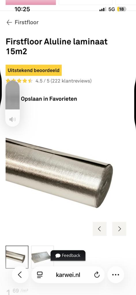 Gratis Aluline firstfloor laminaat ondervloer onderfolie, Ophalen of Verzenden, Overige materialen, Minder dan 4 cm, 15 m² of meer