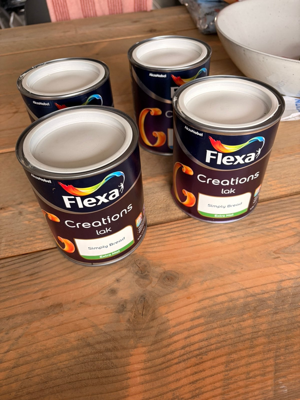 4 nieuwe potten flexa creations lakverf oatmeal kleur, Beige, Nieuw, Ophalen of Verzenden, Lak
