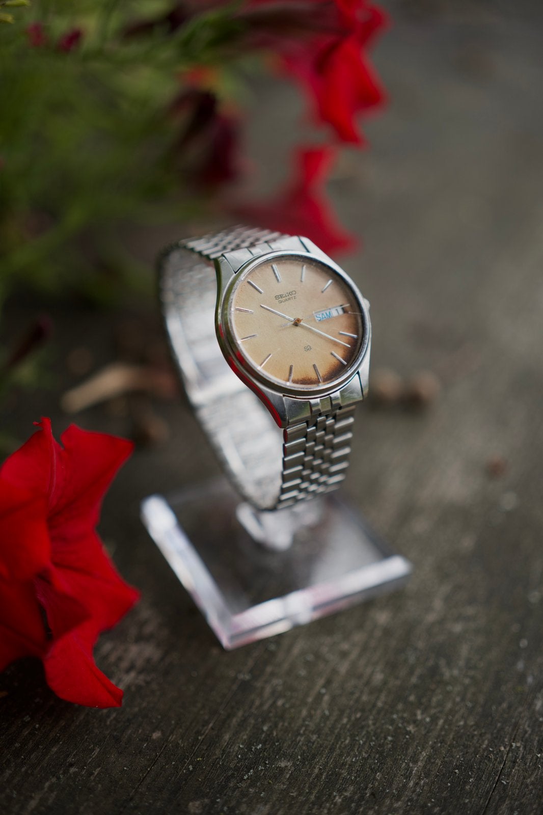 Seiko SQ 7813-8029 | Unieke “Café Crème” Patina Wijzerplaat, Gebruikt, Staal, Polshorloge, Ophalen of Verzenden