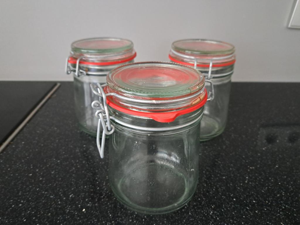 Drie 500ML weckpotten, Ophalen of Verzenden, Pot, Bus of Blik